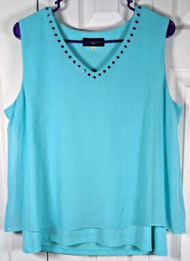 Karl Lagerfield Layered Tank Top Large Turquoise Blue Studded V-Neck Sleeveless